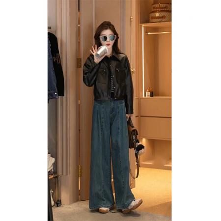 LN76316# 蓝色阔腿裤高腰长裤早春新款春季牛仔裤子宽松休闲直筒