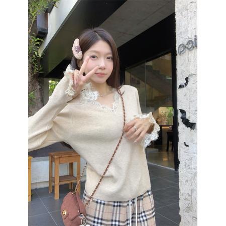 FA43528# 秋冬法式气质简约蕾丝拼接V领针织衫女打底衫长袖上衣 服裝批發女裝批發服飾貨源