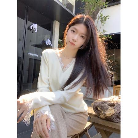 FA43528# 秋冬法式气质简约蕾丝拼接V领针织衫女打底衫长袖上衣 服裝批發女裝批發服飾貨源