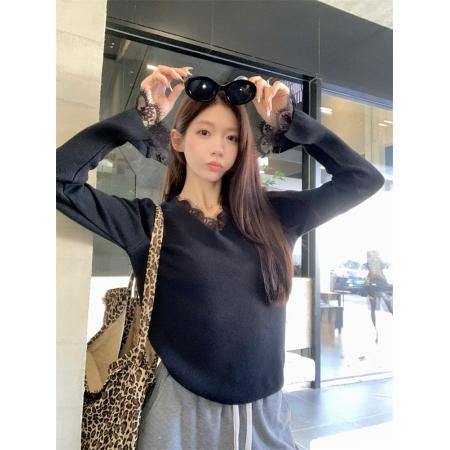 FA43528# 秋冬法式气质简约蕾丝拼接V领针织衫女打底衫长袖上衣 服裝批發女裝批發服飾貨源