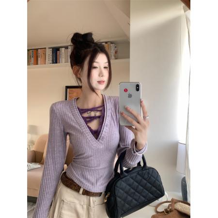 FA43530# 辣妹纯欲风修身针织衫女蕾丝拼接假两件毛衣打底上衣 服裝批發女裝批發服飾貨源