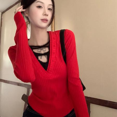 FA43530# 辣妹纯欲风修身针织衫女蕾丝拼接假两件毛衣打底上衣 服裝批發女裝批發服飾貨源