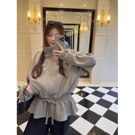 FA43532# 翻领条纹收腰抽绳外套拉链夹克早秋新款复古长袖上衣 服裝批發女裝批發服飾貨源