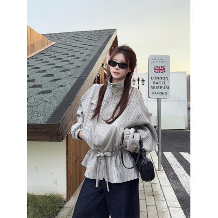 FA43532# 翻领条纹收腰抽绳外套拉链夹克早秋新款复古长袖上衣 服裝批發女裝批發服飾貨源