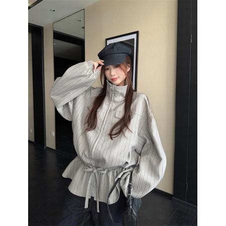 FA43532# 翻领条纹收腰抽绳外套拉链夹克早秋新款复古长袖上衣 服裝批發女裝批發服飾貨源