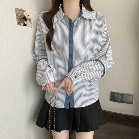 FA43537# 秋装新款日韩独特超好看蓝色条纹长袖衬衫小衫法式遮肉上衣 服裝批發女裝批發服飾貨源