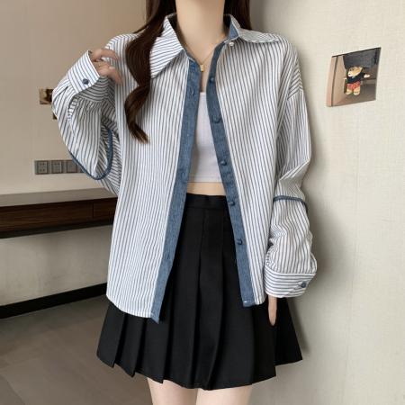 FA43537# 秋装新款日韩独特超好看蓝色条纹长袖衬衫小衫法式遮肉上衣 服裝批發女裝批發服飾貨源
