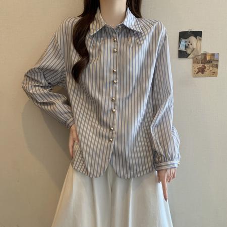 FA43538# 秋装新款大码女装条纹衬衫长袖珍珠扣上衣韩版休闲宽松上衣 服裝批發女裝批發服飾貨源