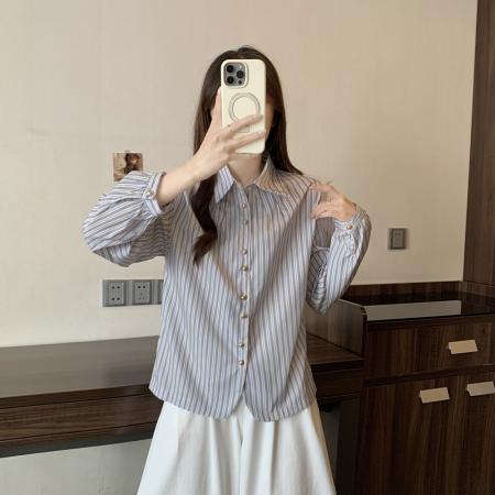 FA43538# 秋装新款大码女装条纹衬衫长袖珍珠扣上衣韩版休闲宽松上衣 服裝批發女裝批發服飾貨源