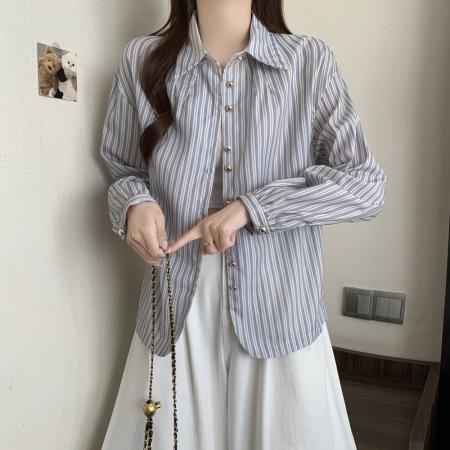 FA43538# 秋装新款大码女装条纹衬衫长袖珍珠扣上衣韩版休闲宽松上衣 服裝批發女裝批發服飾貨源