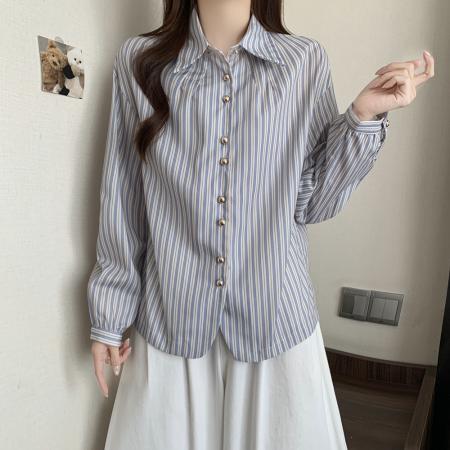 FA43538# 秋装新款大码女装条纹衬衫长袖珍珠扣上衣韩版休闲宽松上衣 服裝批發女裝批發服飾貨源