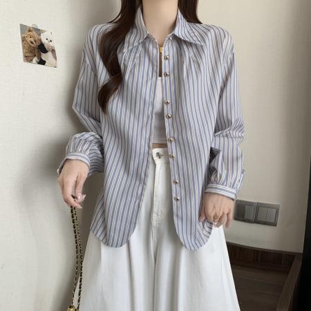 FA43538# 秋装新款大码女装条纹衬衫长袖珍珠扣上衣韩版休闲宽松上衣 服裝批發女裝批發服飾貨源
