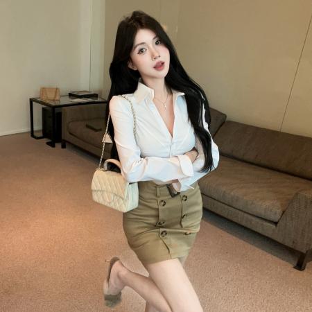 FA43539# 纯欲辣妹V领白色衬衫休闲职业衬衣套装双排扣包臀短裙西装裙 服裝批發女裝批發服飾貨源