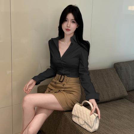 FA43539# 纯欲辣妹V领白色衬衫休闲职业衬衣套装双排扣包臀短裙西装裙 服裝批發女裝批發服飾貨源