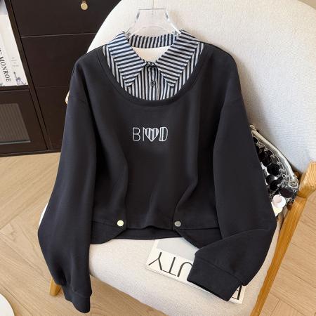 FA43542# 新款假两件绣花条纹拼接设计感卫衣 服裝批發女裝批發服飾貨源