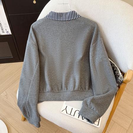 FA43542# 新款假两件绣花条纹拼接设计感卫衣 服裝批發女裝批發服飾貨源
