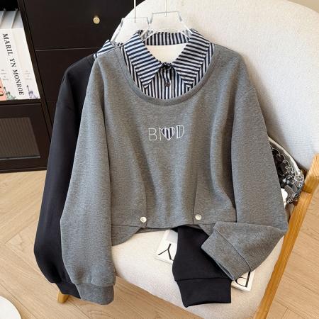 FA43542# 新款假两件绣花条纹拼接设计感卫衣 服裝批發女裝批發服飾貨源