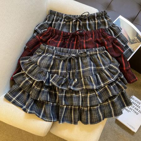 FA43550# 秋季新款韩系复古百搭松紧腰格子荷叶边蛋糕半身裙 服裝批發女裝批發服飾貨源