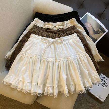 FA43551# 韩系复古百搭高腰显廋蕾丝荷叶边半身裙丝绒蓬蓬短裙 服裝批發女裝批發服飾貨源