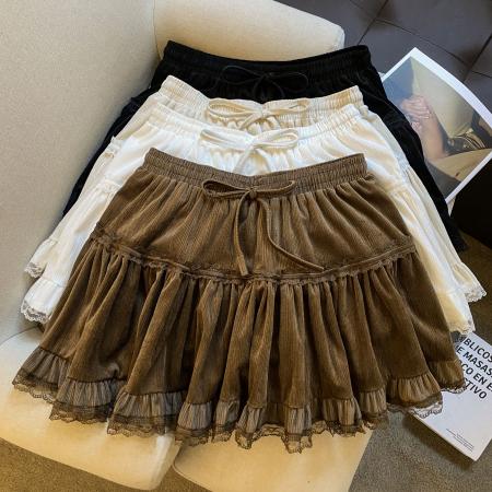 FA43551# 韩系复古百搭高腰显廋蕾丝荷叶边半身裙丝绒蓬蓬短裙 服裝批發女裝批發服飾貨源