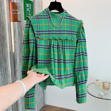 FA43553# 韩国chic复古荷叶边设计格纹休闲宽松长袖娃娃衫衬衫上衣 服裝批發女裝批發服飾貨源