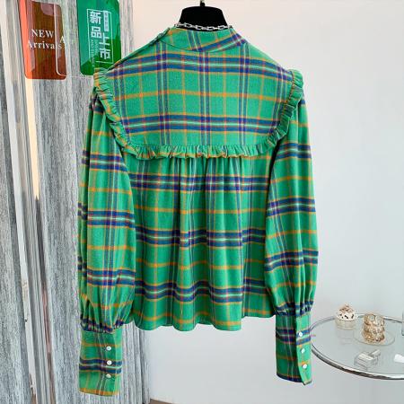 FA43553# 韩国chic复古荷叶边设计格纹休闲宽松长袖娃娃衫衬衫上衣 服裝批發女裝批發服飾貨源