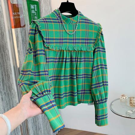 FA43553# 韩国chic复古荷叶边设计格纹休闲宽松长袖娃娃衫衬衫上衣 服裝批發女裝批發服飾貨源