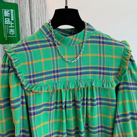 FA43553# 韩国chic复古荷叶边设计格纹休闲宽松长袖娃娃衫衬衫上衣 服裝批發女裝批發服飾貨源