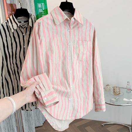 FA43555# 秋装新款高级感竖条纹衬衫宽松休闲百搭开衫亚麻上衣 服裝批發女裝批發服飾貨源