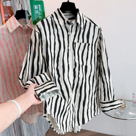 FA43555# 秋装新款高级感竖条纹衬衫宽松休闲百搭开衫亚麻上衣 服裝批發女裝批發服飾貨源