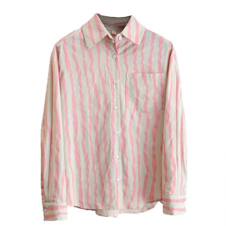 FA43555# 秋装新款高级感竖条纹衬衫宽松休闲百搭开衫亚麻上衣 服裝批發女裝批發服飾貨源
