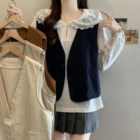 FA43556# 秋装新款棉质马夹外套宽松显瘦v领简约小众设计感工装背心 服裝批發女裝批發服飾貨源
