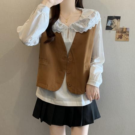 FA43556# 秋装新款棉质马夹外套宽松显瘦v领简约小众设计感工装背心 服裝批發女裝批發服飾貨源