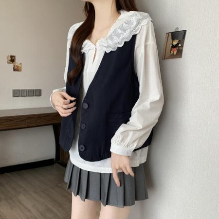 FA43556# 秋装新款棉质马夹外套宽松显瘦v领简约小众设计感工装背心 服裝批發女裝批發服飾貨源