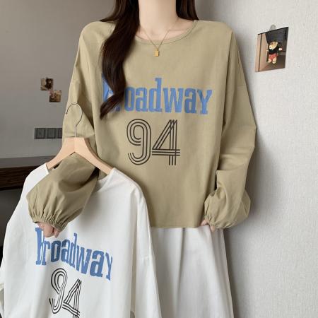 FA43557# 秋装新款大码女装高级感字母印花长袖T恤衫套头罩衫 服裝批發女裝批發服飾貨源