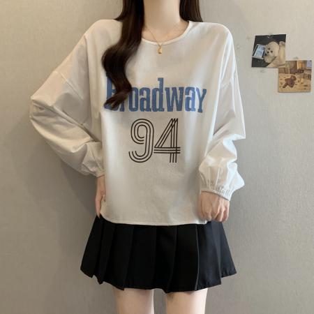 FA43557# 秋装新款大码女装高级感字母印花长袖T恤衫套头罩衫 服裝批發女裝批發服飾貨源