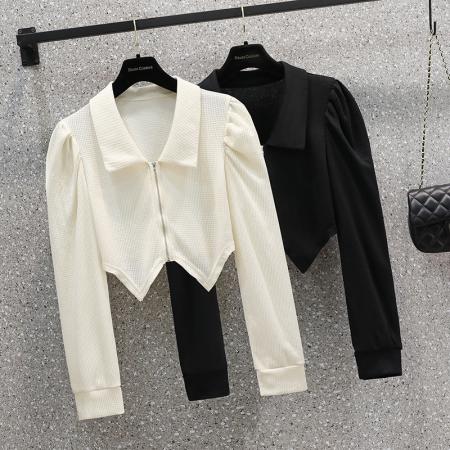FA43558# 秋装大码女装华夫格不规则燕尾外套翻领显瘦上衣 服裝批發女裝批發服飾貨源
