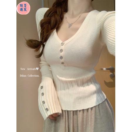 FA43559# 法式低领打底衫女内搭早秋新款高级感短款毛衣收腰长袖针织衫上衣 服裝批發女裝批發服飾貨源