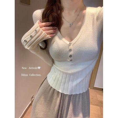 FA43559# 法式低领打底衫女内搭早秋新款高级感短款毛衣收腰长袖针织衫上衣 服裝批發女裝批發服飾貨源