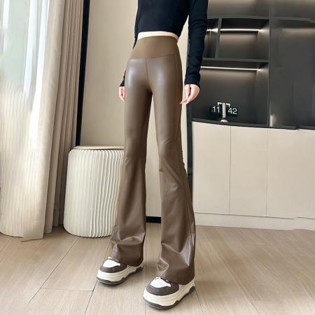 FA43560# 摩登高级微喇皮裤女秋冬加绒高腰弹力修身显瘦拼接时尚PU皮裤 服裝批發女裝批發服飾貨源