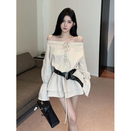 FA43562# 绑带一字肩荷叶边连衣裙 服裝批發女裝批發服飾貨源