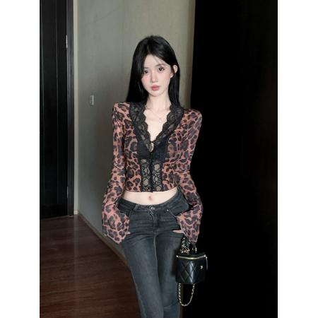 FA43563# 豹纹蕾丝拼接喇叭袖上衣 服裝批發女裝批發服飾貨源