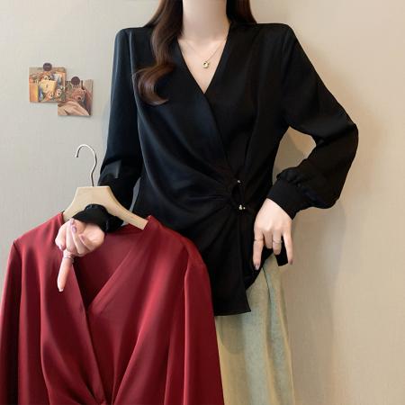 FA43564# 秋季新款大码女装设计感小众不规则V领收腰显瘦衬衫上衣 服裝批發女裝批發服飾貨源