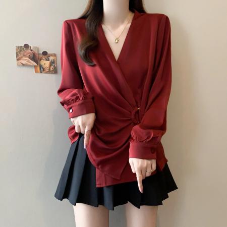 FA43564# 秋季新款大码女装设计感小众不规则V领收腰显瘦衬衫上衣 服裝批發女裝批發服飾貨源
