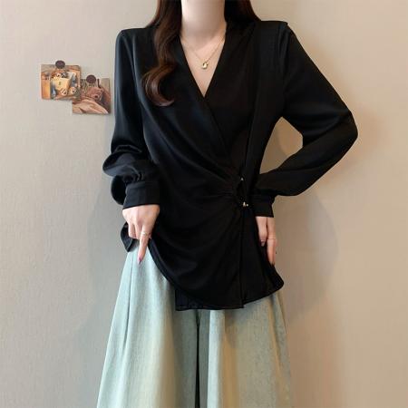 FA43564# 秋季新款大码女装设计感小众不规则V领收腰显瘦衬衫上衣 服裝批發女裝批發服飾貨源