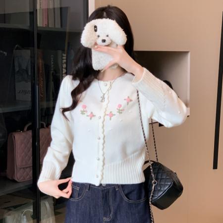 FA43568# 韩系重工立体花朵软糯毛衣外套女甜美圆领针织开衫 服裝批發女裝批發服飾貨源