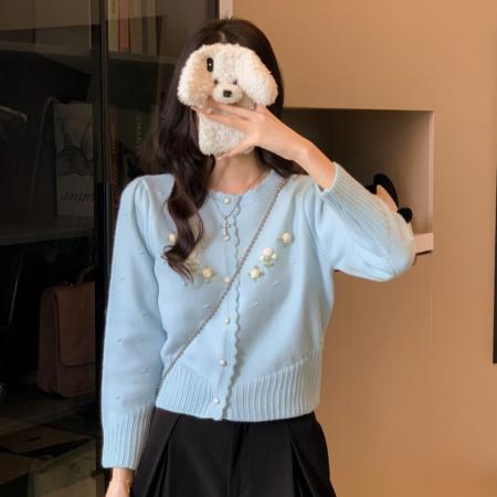 FA43568# 韩系重工立体花朵软糯毛衣外套女甜美圆领针织开衫 服裝批發女裝批發服飾貨源