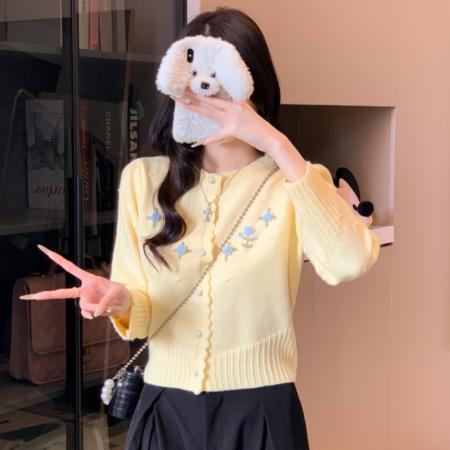 FA43568# 韩系重工立体花朵软糯毛衣外套女甜美圆领针织开衫 服裝批發女裝批發服飾貨源