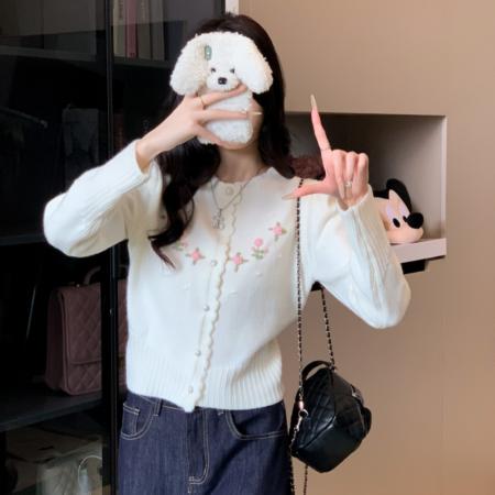 FA43568# 韩系重工立体花朵软糯毛衣外套女甜美圆领针织开衫 服裝批發女裝批發服飾貨源