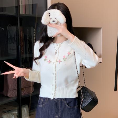 FA43568# 韩系重工立体花朵软糯毛衣外套女甜美圆领针织开衫 服裝批發女裝批發服飾貨源